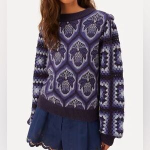 FARM Rio Sweater Blue Pinneaple Cobogo Knit Crochet Boho Medium NWT